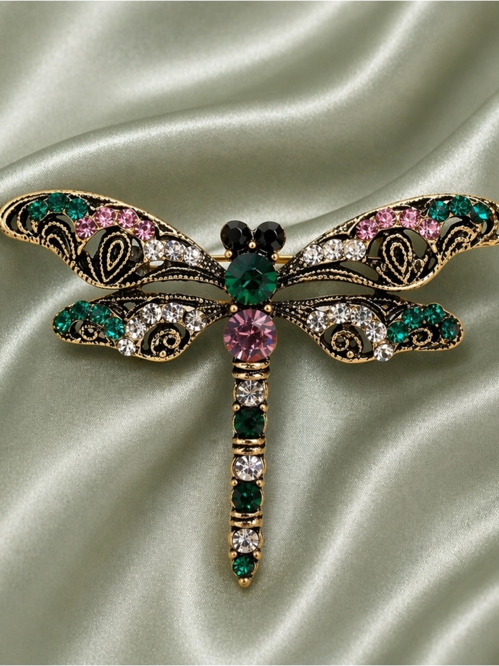 Couture Dragonfly Green Crystal Brooch
